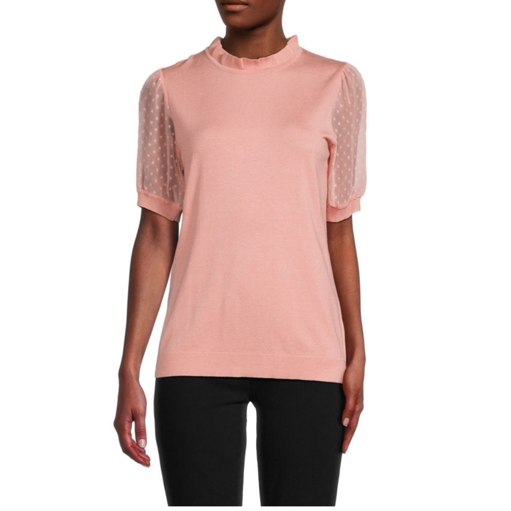ADRIANNA PAPELL Apricot Ice Swiss Dot Women's Top with Sheer Sleeves M NWT